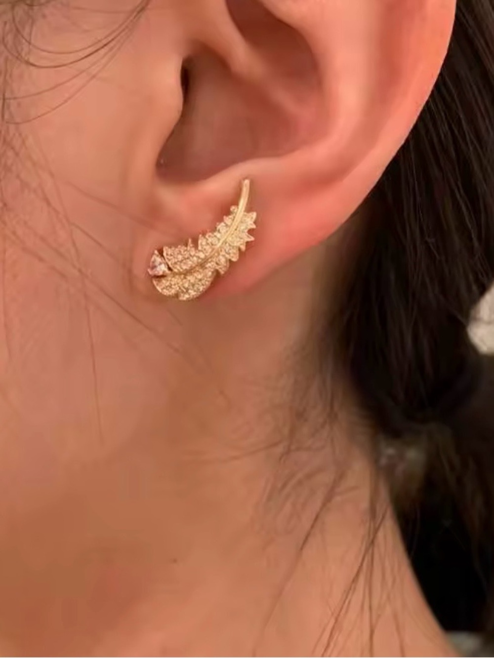 Delicate Gold Feather Crystal Stud Earrings
